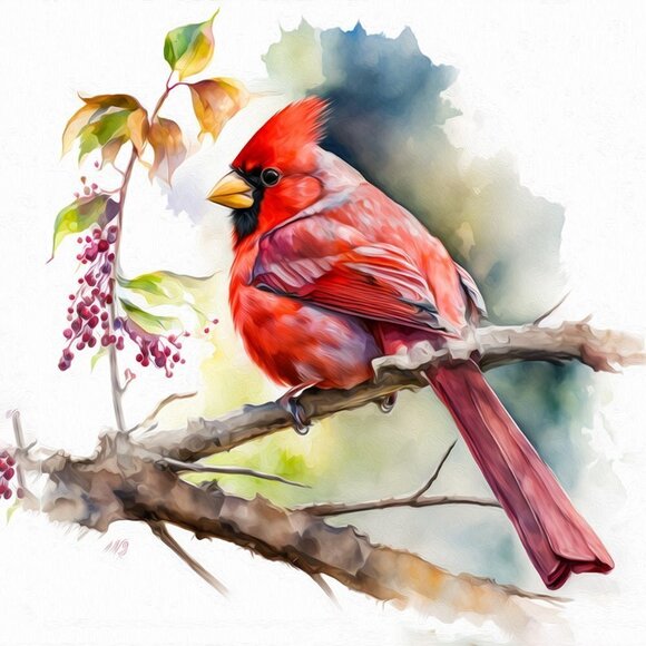 noblecaptures Other - Northern Red Cardinal Bird Gorgeous Watercolor Oil Painting Art Print